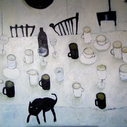 Table with Black Cat<br>Oil on Canvas, Framed, 91x120cm<br>SOLD