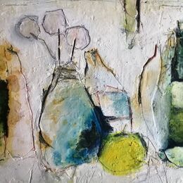 Bottles (sold) 10x12ins. mixed media on gesso panel