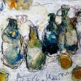 Bottle and Lemons 10x12ins. mixed media on gesso panel