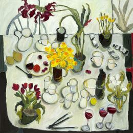 Table with Amaryllis and Spring Flowers oil on canvas 100x100 cms +frame