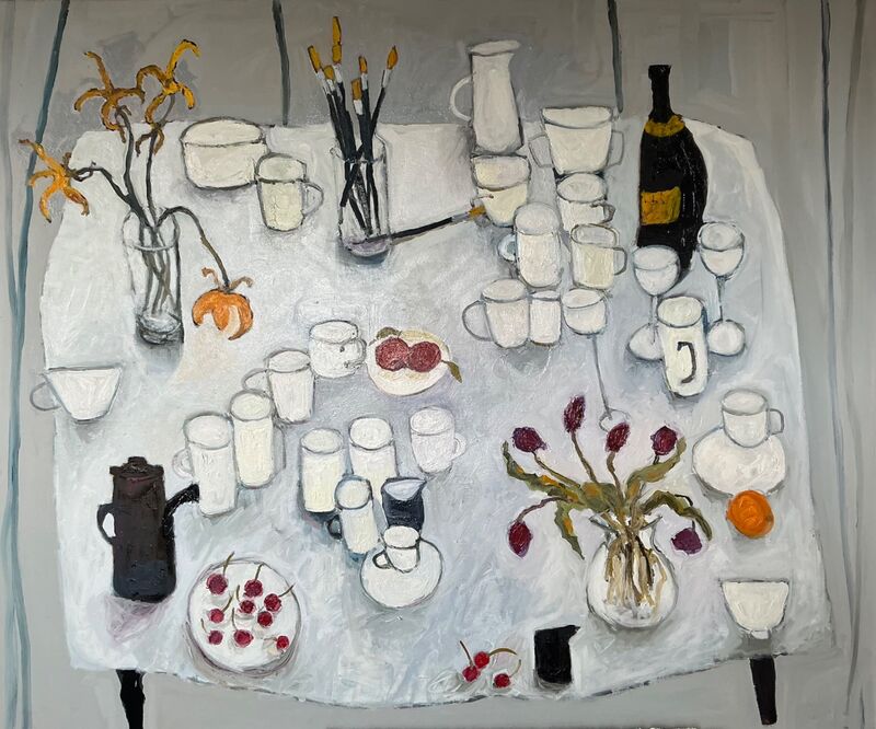 Table withPaintbrushes and Tulips