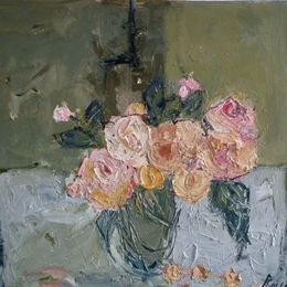 Jug of Roses<br>Oil on Gesso Board, Framed, 56x56cm<br>SOLD