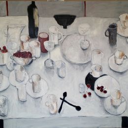 Table With Cherries<br>Oil on Canvas, Framed, 91x120cm<br>SOLD