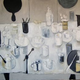 Table with Griddle Pans<br>Oil on Canvas, Framed, 91x120cm<br>SOLD