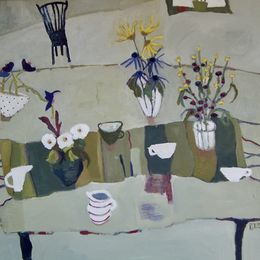 Table with Porcelain Cups<br>Oil on Wood, Framed, 84x105cm<br>SOLD
