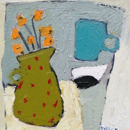 Green Jug on Table oil on canvas 20x20cms framed
