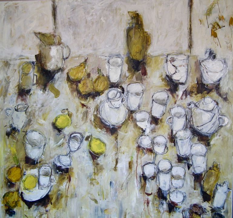 Table with Pears and LemonsOil on Canvas, Framed, 100x100cm, 2019