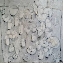 Eggs on White Table (sold) oil on canvas 100x100cms. framed