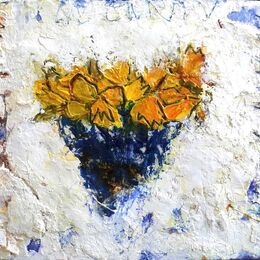 Blue Bowl of Daffs 10x12ins. framed mixed media
