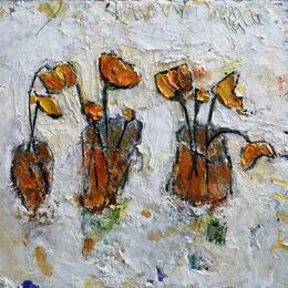 Yellow Flowers in Yellow Pots 10x12ins framed mixed media