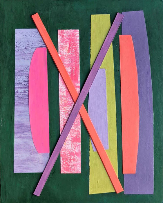Abstract collage with 7 vertical stripes in lilac pink yellow-green red and purple on a dark green background and a cross on top.
