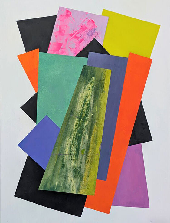 Abstract collage. Several overlapping geometric shapes in different bright colours and black set at different angles.