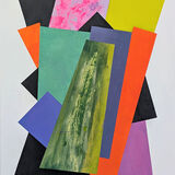 Azimuth<br>mixed media on card<br>56 x 39 cms<br>2025 Abstract collage. Several overlapping geometric shapes in different bright colours and black set at different angles.