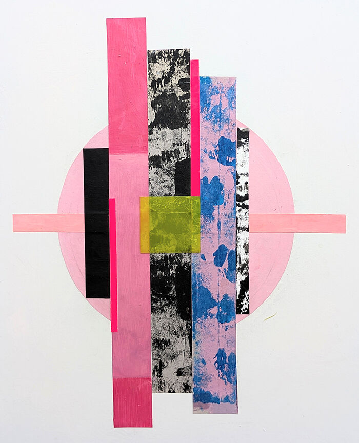 Abstract collage with vertical central strips in pinks black and blue and one pink horizontal stripe across a spherical pink shape. A small yellow rectangle in the centre.