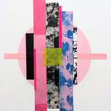Infinity Paused<br>mixed media on card<br>41 x 35 cms<br>2025 Abstract collage with vertical central strips in pinks black and blue and one pink horizontal stripe across a spherical pink shape. A small yellow rectangle in the centre.