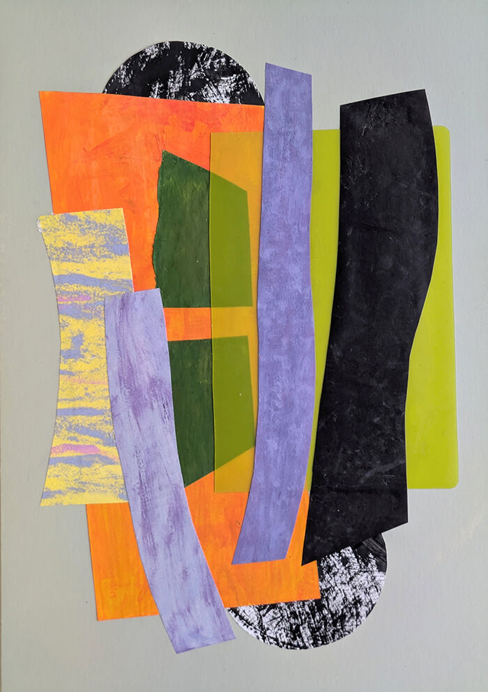 Abstract collage with large orange geometrical shape, two lilac curved strips, a black curved strip, acid yelllow rectangle, 2 small olive green shapes, 2 black and white striated half circle on a pale grey backgrounds