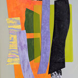 Janus<br>mixed media on card<br>42 x 29 cms<br>2025 Abstract collage with large orange geometrical shape, two lilac curved strips, a black curved strip, acid yelllow rectangle, 2 small olive green shapes, 2 black and white striated half circle on a pale grey backgrounds