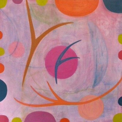 Square canvas bstract painting with pink background. Central dark pink sphere and several smaller spheres and half-spheres around the edges in oranges, pinks and dark blue.