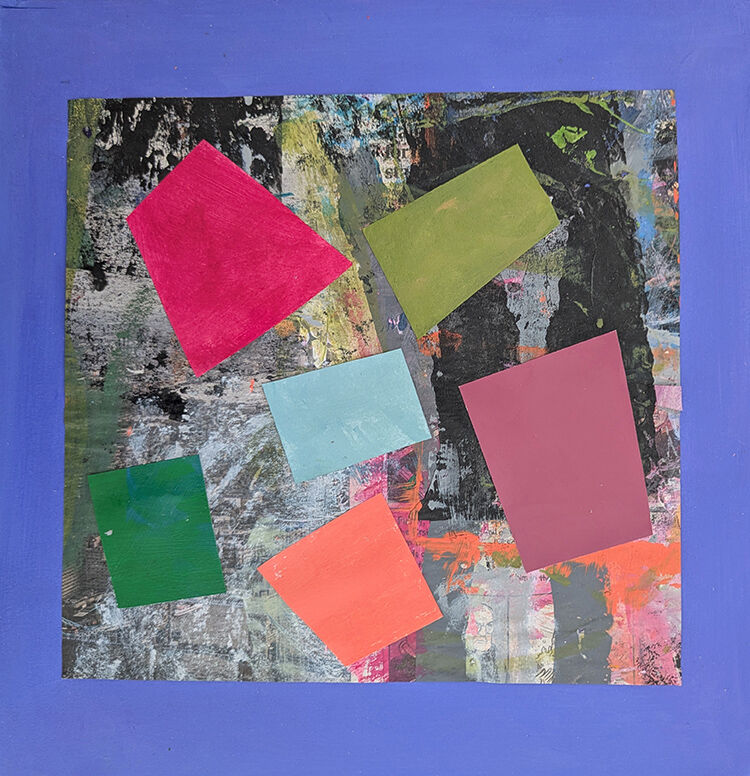 Square abstract collage with 6 small geometric shapes of different bright colours in a circular formation over a printed background of greys and duller colours with a blue border surrounding.