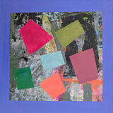 Snail Space<br>mixed media on card<br>24 x 24 cms<br>2025 Square abstract collage with 6 small geometric shapes of different bright colours in a circular formation over a printed background of greys and duller colours with a blue border surrounding.