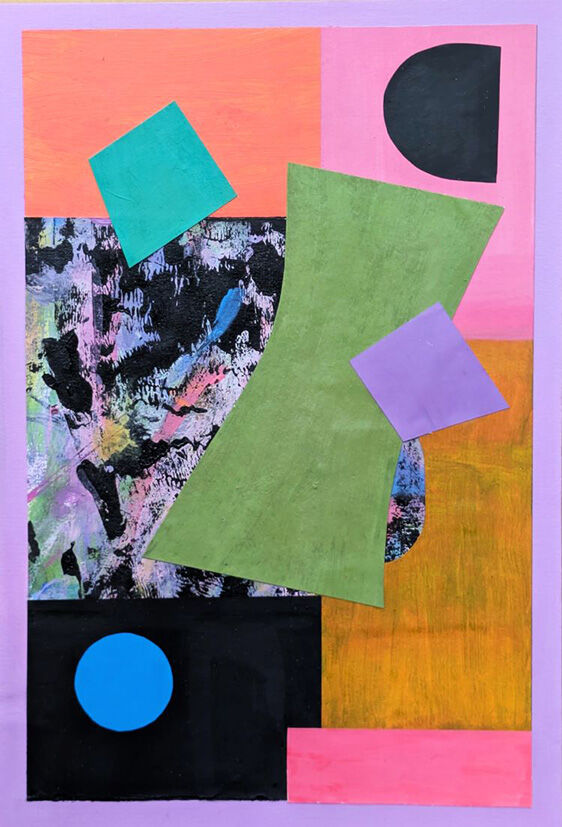 Abstract collage with multicoloured geometric shapes with 4 small and a larger green lozenge shape over 6 rectangles in different colours