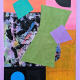 Space-time Continuum<br>mixed media on card<br>34 x 24 cms<br>2025 Abstract collage with multicoloured geometric shapes with 4 small and a larger green lozenge shape over 6 rectangles in different colours
