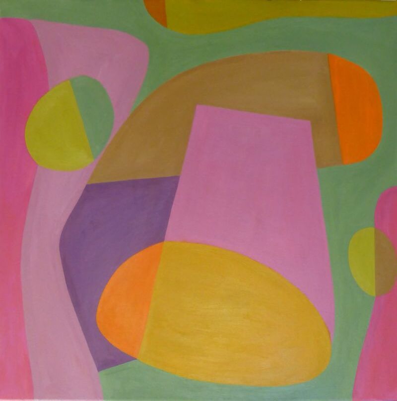 Geometric shapes in a square format. Hard-edged painting with duskky pinks, green yelllow orange and tan.
