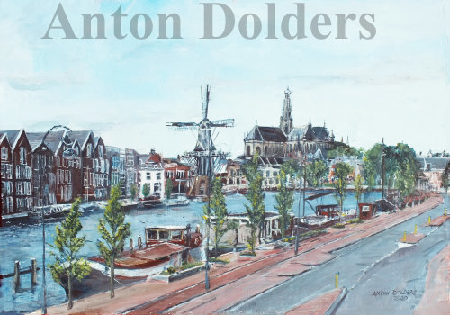 Haarlem, Spaarne met cathdral and windmill