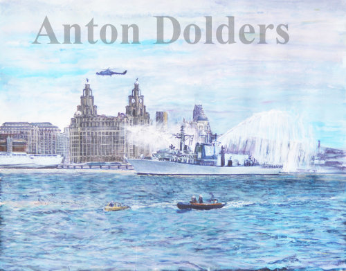 Fire Tug Behind Battleship    acrylics - prints only