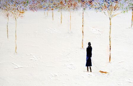 GIRL AND DOG WALKING IN THE SNOW