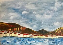 Student work from "Inspired by Hockney" workshop. A hockney inspired painting of a village on the sea shore, mountains behind, swirling sea and grey skies.
