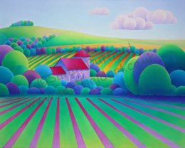 "St Botolphs" Abstracted, colourful Landscape painting of St Botolphs Church by Sarah Duffield artist. Bright pink and green stripes lead to a group of trees with the red roofed church nestling amongst them. Pale fluffy clouds float across the sky.