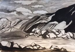 Student charcoal landscape image. Charcoal landscape drawing