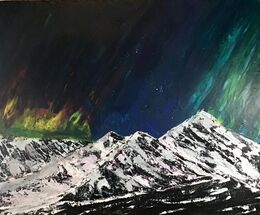Student work painted during a painting knife workshop. Painting knife image of Northern lights behind mountain range. Sarah Duffield workshops