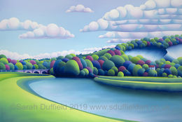 "Ambling" a Horsham District Year of Culture commission. Abstracted, colourful Landscape painting by artist Sarah Duffield of the river Arun near Amberley. The chalk pits, train masters house and old bridge are all visible. Commissioned by Horsham district Year of Culture.