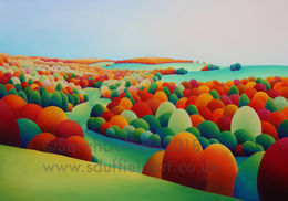 "Rise and Fall" Greeting card or mini print Modern autumnal painting of view near Arundel, a winding path leads through bright orange and red trees to the south downs.