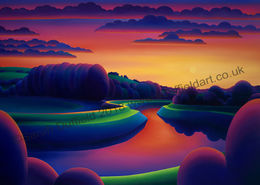 "Adur Sunset" Greeting Card or Mini Print Abstracted oil painting by artist Sarah Duffield. A deep red/yellow sunset reflects in the river and on the river path. Dark purple clouds, circular trees and Chanctonbury ring contrast..