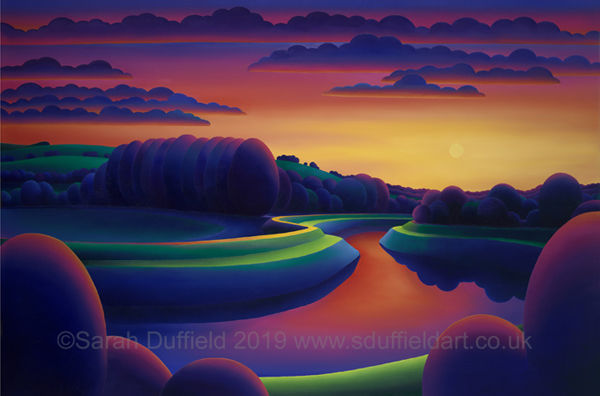 Abstracted oil painting by artist Sarah Duffield. A deep red/yellow sunset reflects in the river and on the river path. Dark purple clouds, circular trees and Chanctonbury ring contrast..
