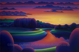 "Adur Sunset" Abstracted oil painting by artist Sarah Duffield. A deep red/yellow sunset reflects in the river and on the river path. Dark purple clouds, circular trees and Chanctonbury ring contrast..