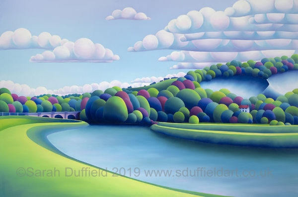 Abstracted, colourful Landscape painting by artist Sarah Duffield of the river Arun near Amberley. The chalk pits, train masters house and old bridge are all visible. Commissioned by Horsham district Year of Culture.