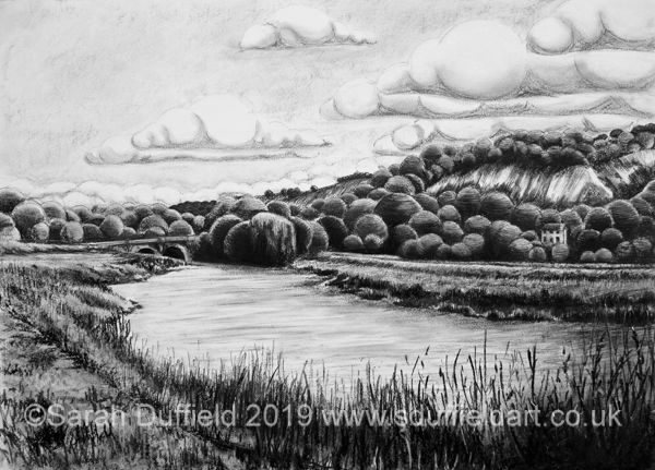 Charcoal drawing by Sussex artist Sarah Duffield of the river Arun near Amberley; old chalk pits, white cottage and Houghton bridge visible.