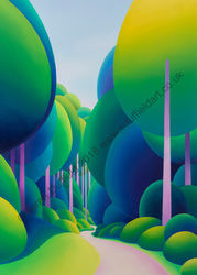 "Into the Arboretum" Greeting Card or Mini Print Abstracted oil painting by artist Sarah Duffield of St Leonards Forest, Horsham. Pathway through dense woodland of Pine trees with long, pale purple/pink trunks and lime green/blue tops. Unusually this landscape image is portrait orientated.