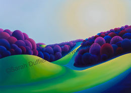 "Warm Repose" Greeting Card or Mini Print Abstracted oil painting by artist Sarah Duffield of a pathway through a deep valley.The midday sun streams down the sides of the vivid green valley along with large clumps of warm blue/purple circular trees in shadow.