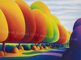 "Autumn Sentinels" Abstracted oil painting by artist Sarah Duffield of an avenue of simplified, oak trees leading into Chesworth farm. Autumnal colours with dark purple shadows thrown across the pathway.