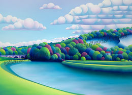 "Ambling" Greeting Card or Mini Print Abstracted, colourful Landscape painting by artist Sarah Duffield of the river Arun near Amberley. The chalk pits, train masters house and old bridge are all visible. Commissioned by Horsham district Year of Culture.