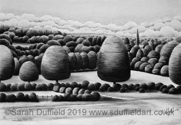 Charcoal drawing by Sussex artist Sarah Duffield of Chesworth farm, looking over Jeeny Barelegs field towards St Marys Church spire. Art Deco clouds and abstracted trees drawn as if etched.