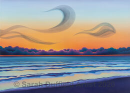 "Clouds and Murmurations" A gentle sunset graduating from blue, through orange to red with a line of deep purple fluffy clouds near the horizon line. A gentle sea reflects the warm sunset and abstracted murmurations swoop in the sky.