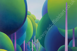 "Into the Arboretum" Abstracted oil painting by artist Sarah Duffield of St Leonards Forest, Horsham. Pathway through dense woodland of Pine trees with long, pale purple/pink trunks and lime green/blue tops. Unusually this landscape image is portrait orientated.