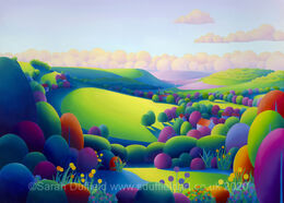 "From the End of Mums Garden" Contemporary, vibrant landscape painting. Abstracted flowers in the foreground, lead down a valley with hills either side. Red, purple, green and blue trees. Fluffy, simplified clouds line the sky.