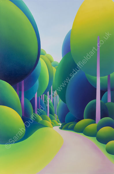 Abstracted oil painting by artist Sarah Duffield of St Leonards Forest, Horsham. Pathway through dense woodland of Pine trees with long, pale purple/pink trunks and lime green/blue tops. Unusually this landscape image is portrait orientated.